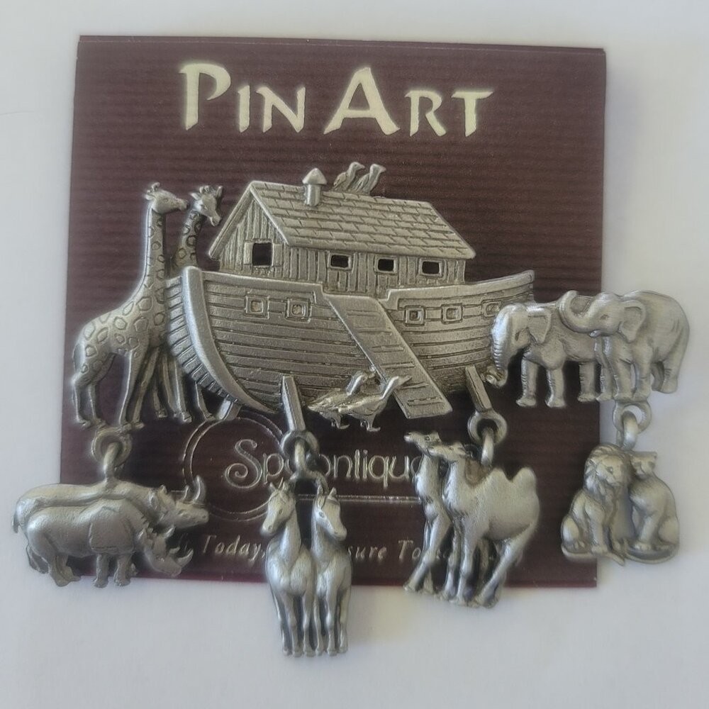 JJ Jonette Pewter Noah's Ark Brooch Pin Ark with Dangling Animal Charms NEW